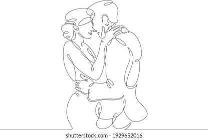 Romantic hugs of lovers. Close relationships, tenderness, emotions. Hugs of a couple. Embrace. One continuous drawing line  logo single hand drawn art doodle isolated minimal illustration.