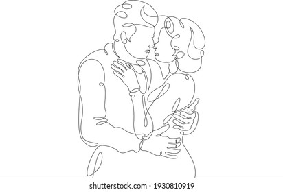 Romantic hugs of lovers. Close relationships, tenderness, emotions. Hugs of a couple. Embrace. One continuous drawing line  logo single hand drawn art doodle isolated minimal illustration.