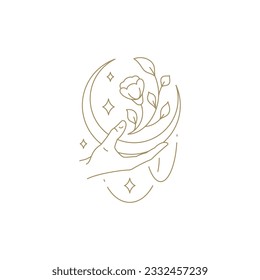 Romantische menschliche Hand, die Halbmond hält, mit Bio-natürlichem Blumenzeilenmuster-Design, Vektorgrafik. Eleganter spiritueller Wellnessarm esoterische antike Zauberei dekoratives Label Spa Beauty Care Pflege