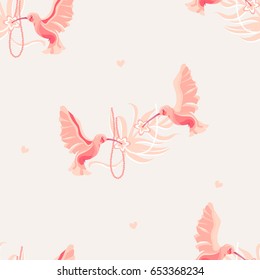 Romantic hummingbirds (colibri bird) seamless pattern. Pink hummingbirds with plant silhouette, flowers and beads