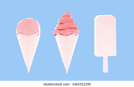 Romantic Ice Cream Collection. Set of Pink Gelato on Blue Background. Low Poly Valentines Vector 3D Rendering