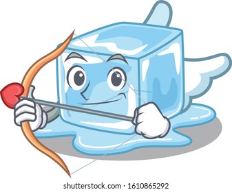 Romantic ice cube Cupid cartoon character with arrow and wings