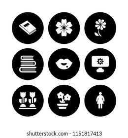 romantic icon. 9 romantic set with shapes and symbols, flowers, woman with dress and kiss vector icons for web and mobile app