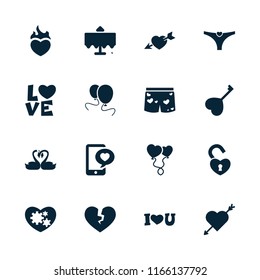 Romantic icon. collection of 16 romantic filled icons such as restaurant table, heart with arrow, phone with heart, love word. editable romantic icons for web and mobile.