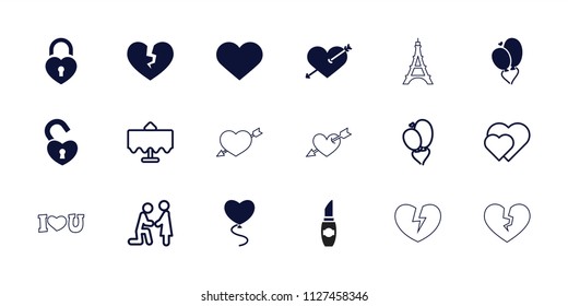 Romantic icon. collection of 18 romantic filled and outline icons such as heart with arrow, heart balloons, heart lock. editable romantic icons for web and mobile.