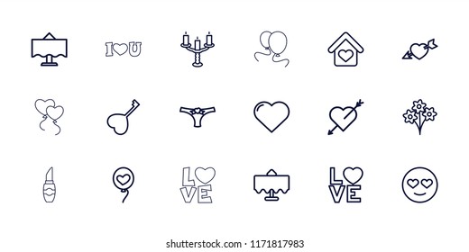 Romantic icon. collection of 18 romantic outline icons such as restaurant table, heart, emot in love, heart with arrow, bouquet. editable romantic icons for web and mobile.