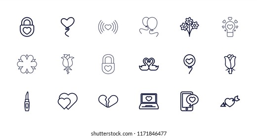 Romantic icon. collection of 18 romantic outline icons such as lipstick, broken heart, hearts, bouquet, rose, laptop with heart. editable romantic icons for web and mobile.