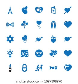 Romantic icon. collection of 25 romantic filled icons such as heart, flower, emot in love, heart with arrow, bouquet, women couple. editable romantic icons for web and mobile.
