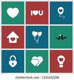 Romantic icon. collection of 9 romantic filled icons such as hearts, bulb heart, heart balloons, i love you, love home. editable romantic icons for web and mobile.