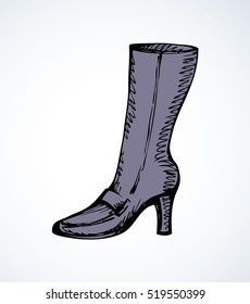 Romantic icon of new grey skin slim luxury lady topboot isolated on white background. Freehand linear ink drawn symbol sketch in art ancient style pen on paper. Close-up side view with space for text