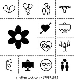 Romantic icon. set of 13 filled and outline romantic icons such as flower, women couple, restaurant table, gear heart, heart balloons, love card, candlestick