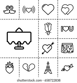 Romantic icon. set of 13 outline romanticicons such as restaurant table, eiffel tower, heart, rose, swan heart, heart with arrow