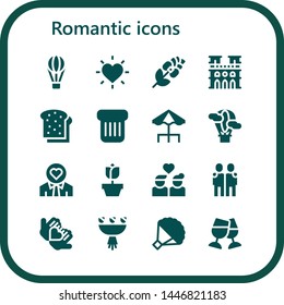 romantic icon set. 16 filled romantic icons.  Collection Of - Hot air balloon, Love, Rose, Notre dame, Toast, Terrace, Couple, Hugging, Bouquet