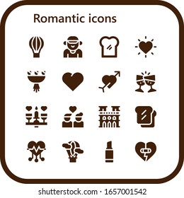 romantic icon set. 16 filled romantic icons.  Simple modern icons such as: Hot air balloon, Boyfriend, Toast, Love, Bouquet, Heart, Cupid, Dating, Couple, Notre dame, Lipstick