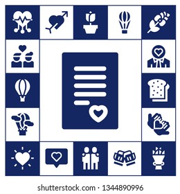 romantic icon set. 17 filled romantic icons.  Collection Of - Heart, Couple, Hot air balloon, Love letter, Love, Toast, Cupid, Rose, Hugging, Bouquet