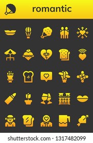 romantic icon set. 26 filled romantic icons.  Simple modern icons about  - Lips, Bouquet, Hot air balloon, Hugging, Heart, Terrace, Sacred heart, Toast, Love, Hug, Lipstick, Rose