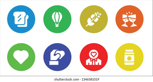 romantic icon set. 8 filled romantic icons.  Collection Of - Toast, Heart, Hot air balloon, Rose, Love, Jar