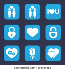 romantic icon. Set of 9 filled romantic icons such as rose, women couple, couple, gear heart, heart lock, I love you, heart