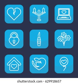 Romantic icon. set of 9 outline romantic icons such as lipstick, laptop with heart, broken heart, love home, candlestick