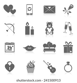 Romantic icon set black with rose love letter gift box isolated vector illustration