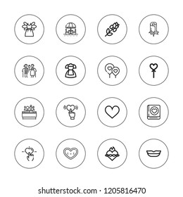 Romantic icon set. collection of 16 outline romantic icons with couple, dress, heart balloon, heart, lips, love, newlyweds, rose, sacred heart icons.