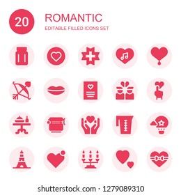 romantic icon set. Collection of 20 filled romantic icons included Jar, Love, Heart, Cupid, Lips, Greeting card, Broken heart, Dinner table, Hot air balloon, Eiffel tower, Candelabra