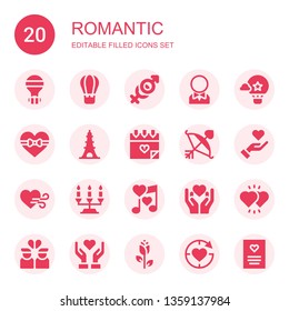 romantic icon set. Collection of 20 filled romantic icons included Hot air balloon, Couple, Groom, Heart, Eiffel tower, Love, Cupid, Give love, Candelabra, Romantic music, Hearts