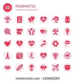 romantic icon set. Collection of 30 filled romantic icons included Hot air balloon, Greeting card, Heart balloon, Broken heart, Love, Jar, Give love, Heart, Dinner table, Eiffel tower