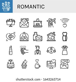 romantic icon set. Collection of Flower bouquet, Wedding, Wedding invitation, Aromatic candle, Kiss, Love, Broken heart, Honeymoon, Heart, Dress, Lipstick, Groom, Love letter icons