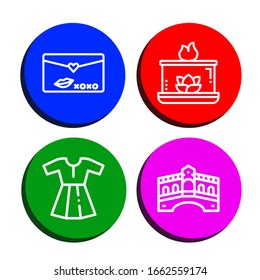 romantic icon set. Collection of Love letter, Aromatic candle, Dress, Rialto bridge icons