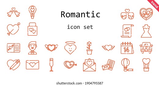 romantic icon set. line icon style. romantic related icons such as wedding dress, couple, groom, wedding gift, tulip, heart, champagne glass, wedding car, cupid, hot air balloon, love birds, marriage