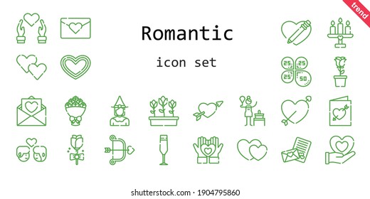 romantic icon set. line icon style. romantic related icons such as couple, birch, bouquet, petals, heart, champagne glass, cupid, tulips, candle, hearts, love letter, witch, rose, wedding invitation, 