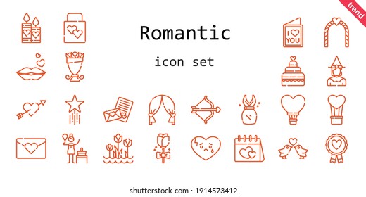 romantic icon set. line icon style. romantic related icons such as dress, wedding gift, birch, broken heart, bouquet, candles, favourite, kiss, cupid, hot air balloon, wedding cake, tulips
