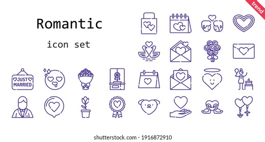 romantic icon set. line icon style. romantic related icons such as love, dreamcatcher, couple, groom, just married, wedding gift, birch, wedding day, bouquet, tulip, favourite, heart, swans, in love