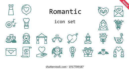 romantic icon set. line icon style. romantic related icons such as love, bride, dress, swan, bouquet, heart, cupid, hot air balloon, romantic music, wedding arch, love birds, marriage, witch