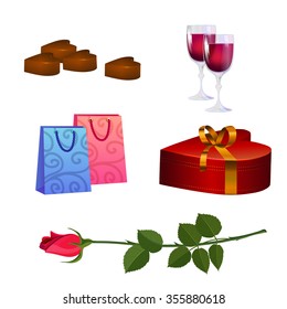 Romantic icon set on Valentine's Day, holiday symbols. Gifts, romantic accessories and flower.