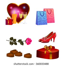 Romantic icon set on Valentine's Day, holiday symbols. Gifts, romantic accessories and flower.