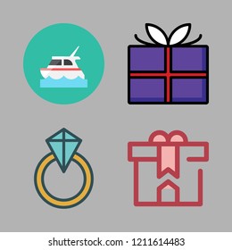 romantic icon set. vector set about gift, yacht and engagement ring icons set.