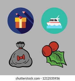 romantic icon set. vector set about yacht, gift, gift bag and mistletoe icons set.