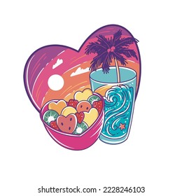 Romantic icon with tropical items, vector hand drawn illustration with Valentine's Day theme