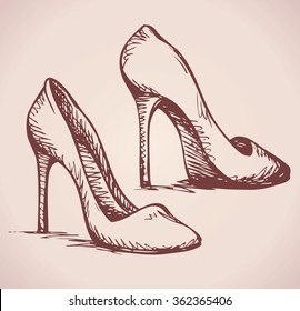 Romantic icon of two classic women's footgear item isolated on white background. Freehand ink hand drawn picture sign sketchy in art doodle style pen on paper. Closeup side view with space for text