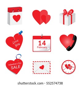 Romantic icons with red heart, design for St. Valentine's Day