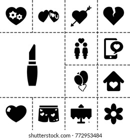 Romantic icons. set of 13 editable filled romantic icons such as restaurant table, flower, lipstick, heart with arrow, broken heart, women couple, i love you