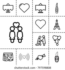 Romantic icons. set of 13 editable outline romantic icons such as restaurant table, eiffel tower, heart, lipstick, marriage proposal, women couple