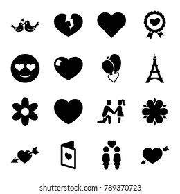 Romantic icons. set of 16 editable filled romantic icons such as flower, heart, emot in love, women couple, heart ribbon, lovebirds, love card, eiffel tower