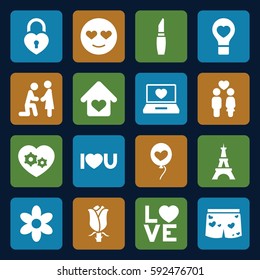 romantic icons set. Set of 16 romantic filled icons such as Eiffel Tower, flower, lipstick, emot in love, rose, couple, gear heart, laptop with heart, love word