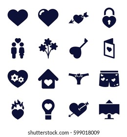 romantic icons set. Set of 16 romantic filled icons such as heart, heart with arrow, couple, love card, love home, restaurant table