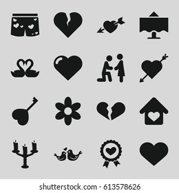 Romantic icons set. set of 16 romantic filled icons such as heart, flower, broken heart, lovebirds, love home, restaurant table, candlestick