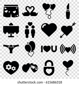 Romantic icons set. set of 16 romantic filled icons such as restaurant table, heart, lipstick, couple, gear heart