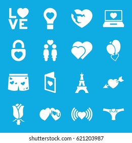 Romantic icons set. set of 16 romantic filled icons such as Eiffel Tower, heart, rose, women couple, laptop with heart, bulb heart, love word, I love you
